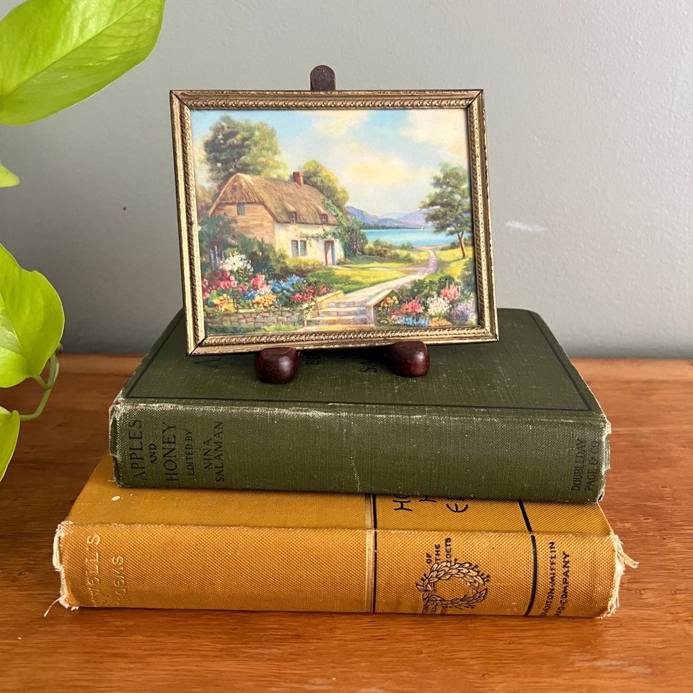 Vintage Miniature Framed Country Cottage Landscape Print Gold Tone Metal Frame